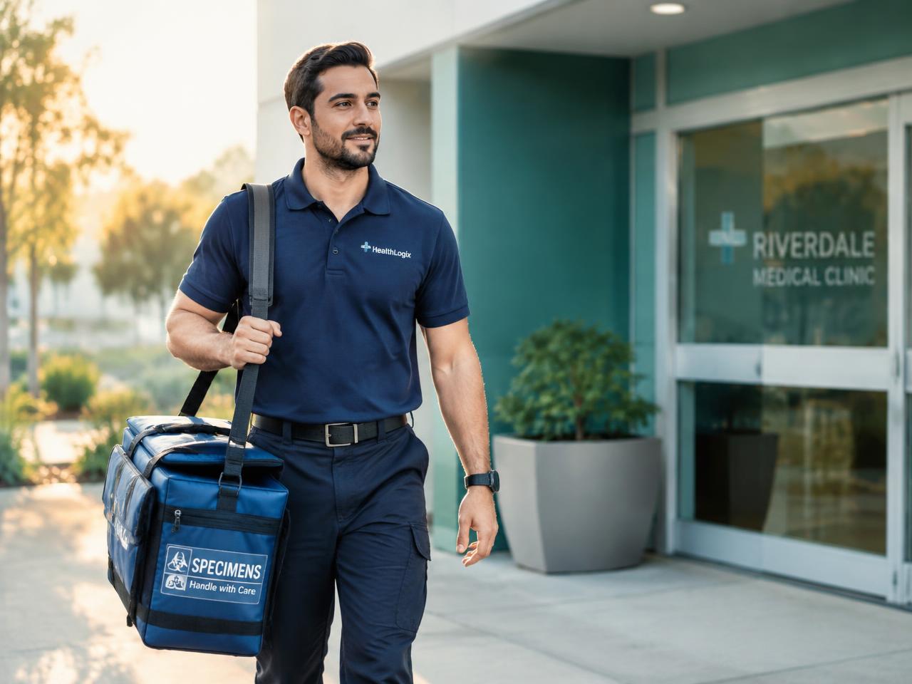 Medical courier carrying a specimen bag to a clinic